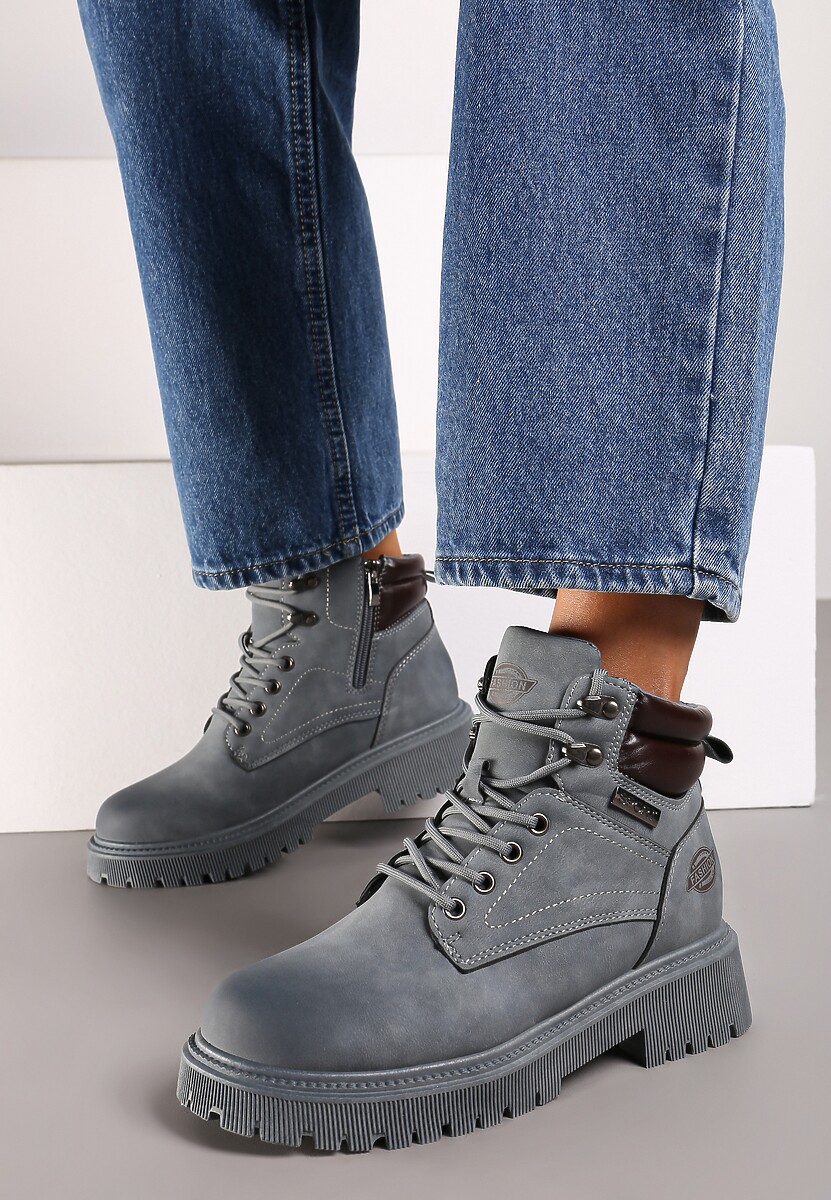 Niebieskie Sznurowane Płaskie Botki Trekkingowe Sinane