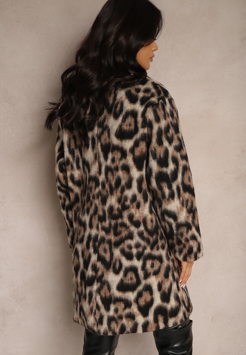 Brązowy Panterkowy Płaszcz Dwurzędowy z Wsuwanymi Kieszeniami Niarelith