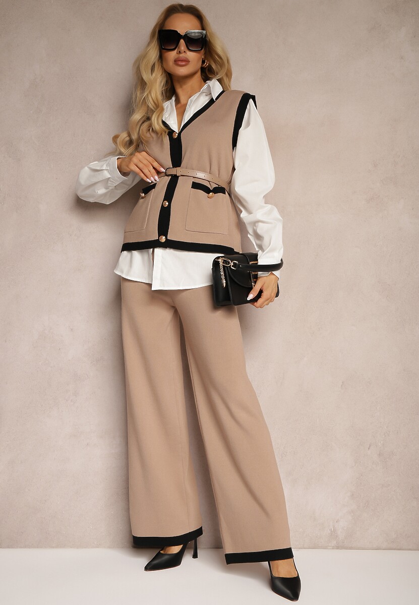 Beżowy Komplet z Dodatkiem Wiskozy Szerokie Spodnie Kamizelka z Paskiem Koszula Armelia