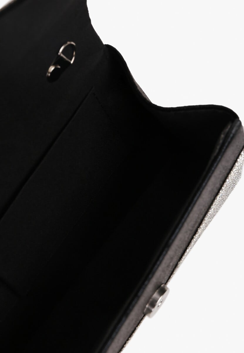 Czarno-Srebrna  Torebka Kopertówka z Łańcuszkiem i Ozdobną Rączką z Cyrkoniami Zapinana na Magnes Jenatia