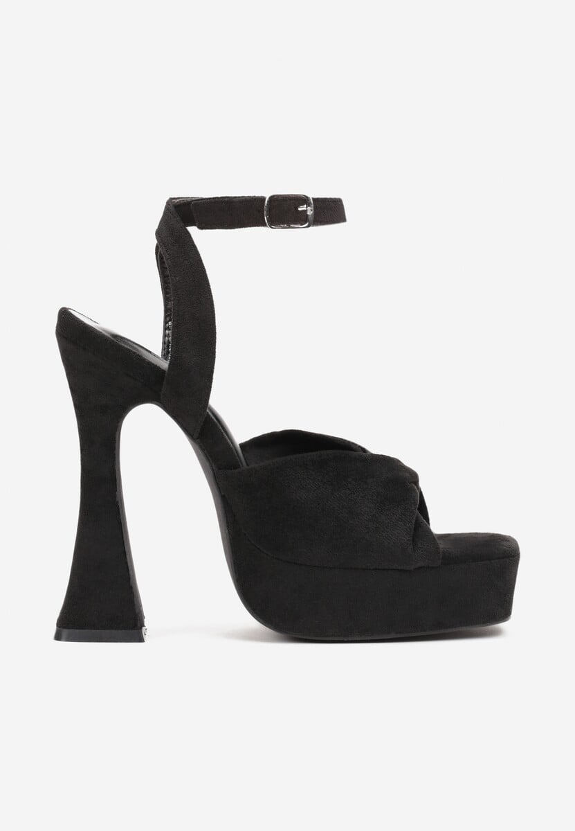 Czarne Sandały na Wysokim Słupku i Platformie z Ozdobnym Paskiem Rupina