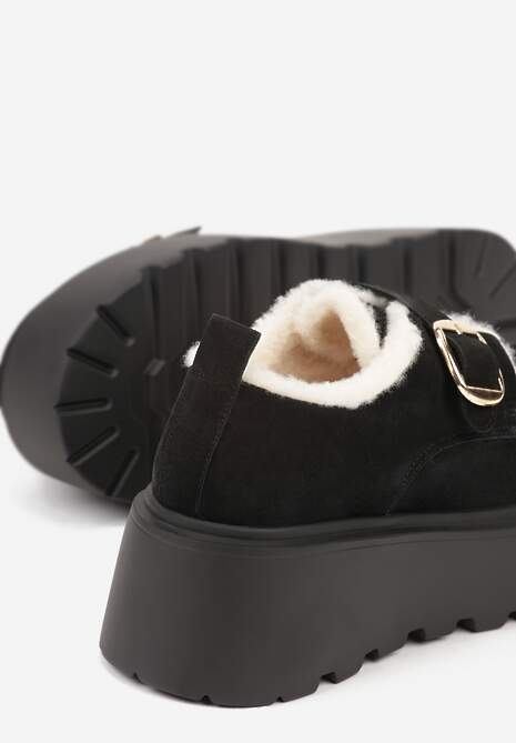 Czarne Śniegowce na Platformie z Paskiem ze Sprzączką i Futrem Unweda