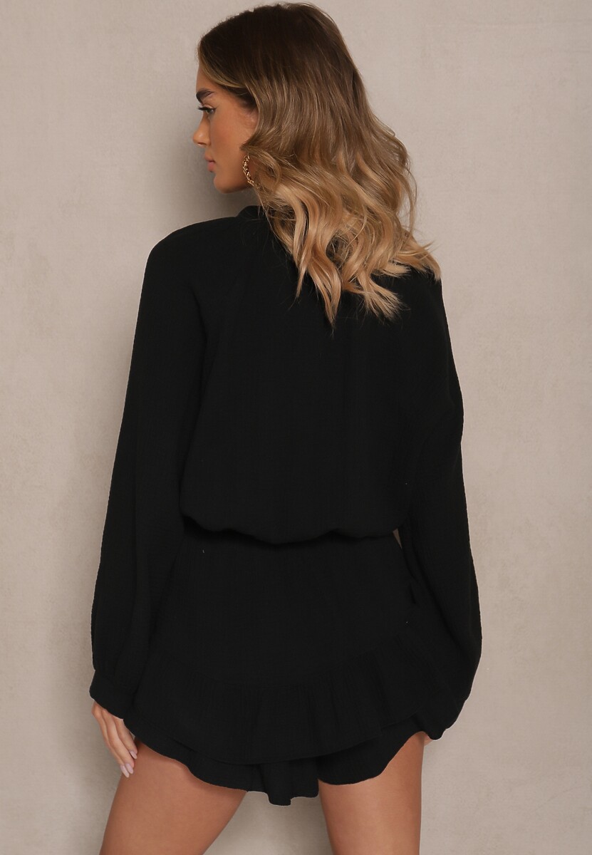 Czarny Kombinezon z Bawełny Ozdobiony Wiązaniem i Falbankami Nalelia