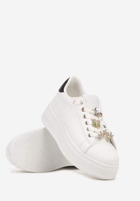 Biało-Czarne Sneakersy na Płaskiej Podeszwie Ozdobione Aplikacjami Motyli i Rozgwiazd Asnoria