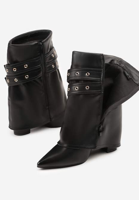 Czarne Botki Kowbojki na Słupku Ozdobione Klamrami i Wywiniętą Cholewką Codvire