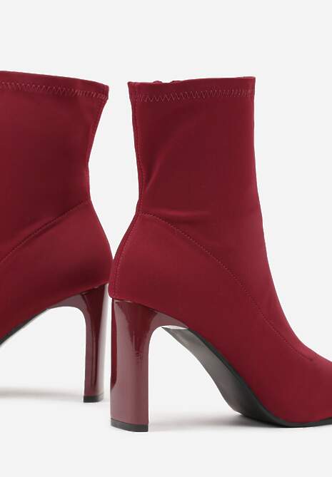 Bordowo-Czerwone Elastyczne Botki na Słupkowym Obcasie ze Szpiczastym Noskiem Atise
