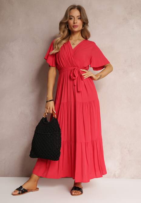 Czerwona Rozkloszowana Sukienka z Falbanką i Wiązanym Paskiem Adotine