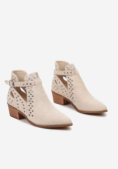 Beżowe Botki Kowbojki na Słupku Ozdobione Nitami i Wycięciem Eleawena