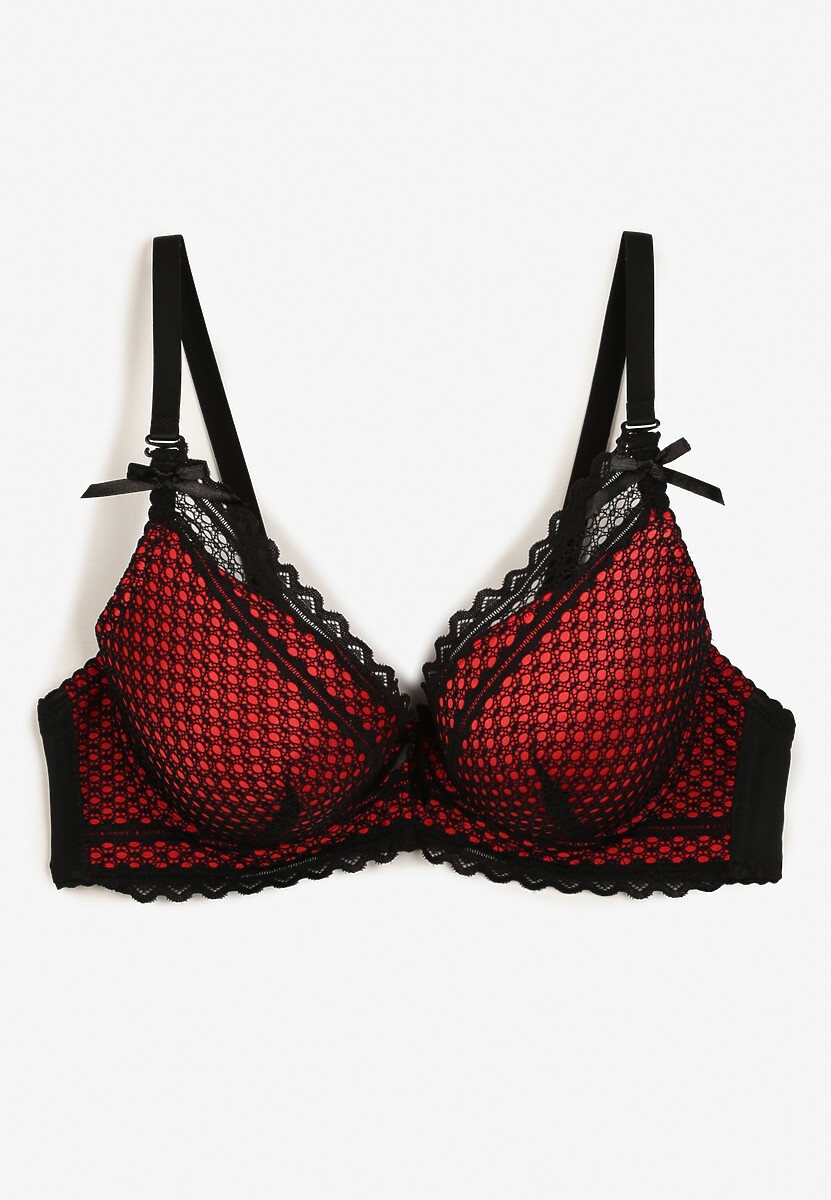 Czarno-Czerwony Biustonosz z Małymi Kokardkami i Koronką Timasel