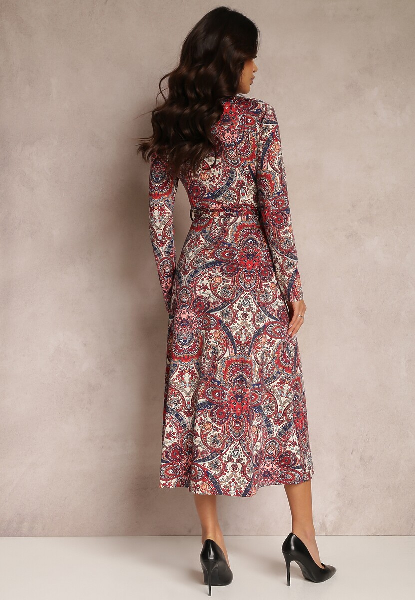 Czerwona Sukienka Koszulowa z Długim Rękawem i Wiązanym Paskiem Limiria