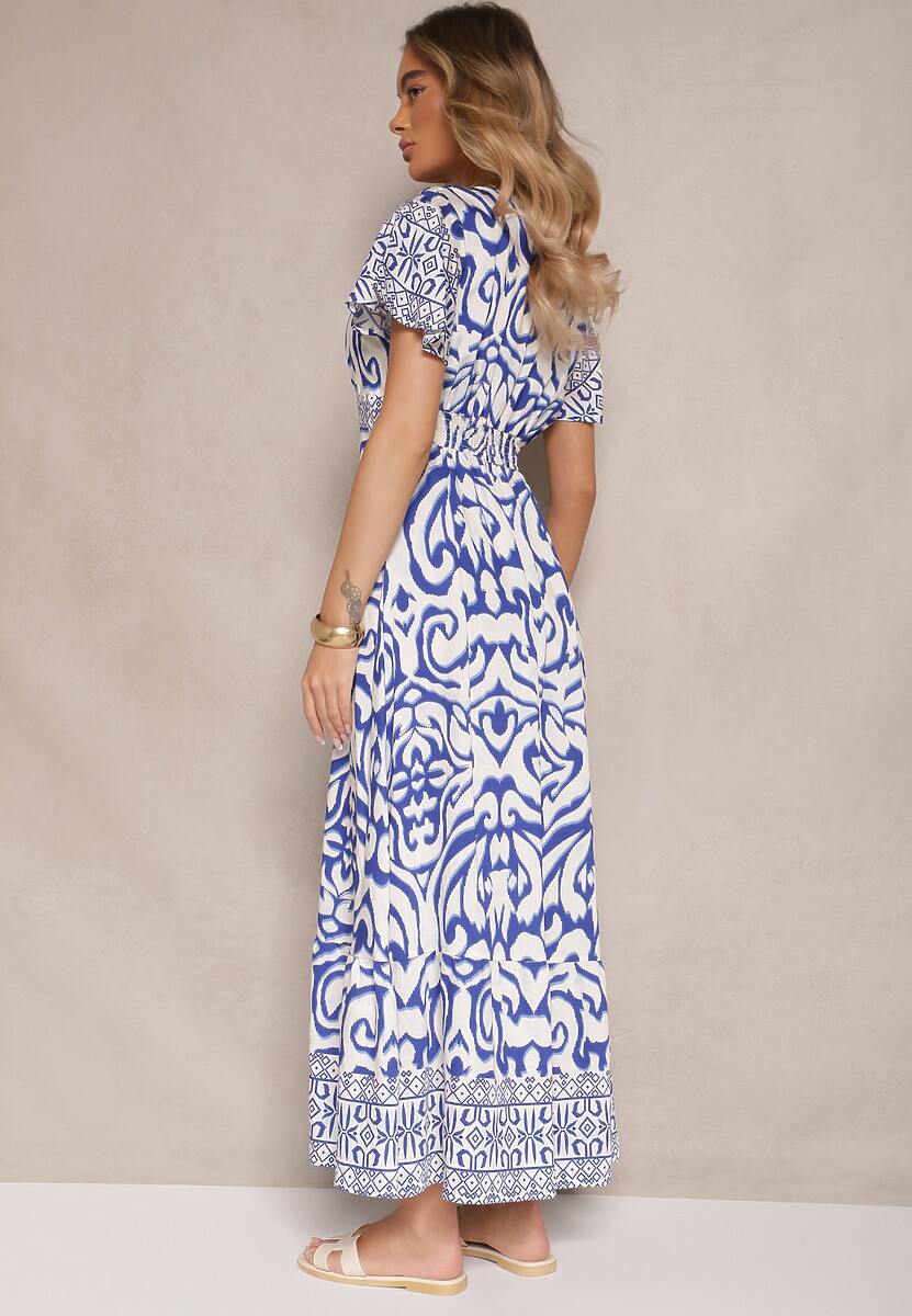 Niebieska Rozkloszowana Sukienka Zdobiona Ornamentalnym Printem Tillinelle