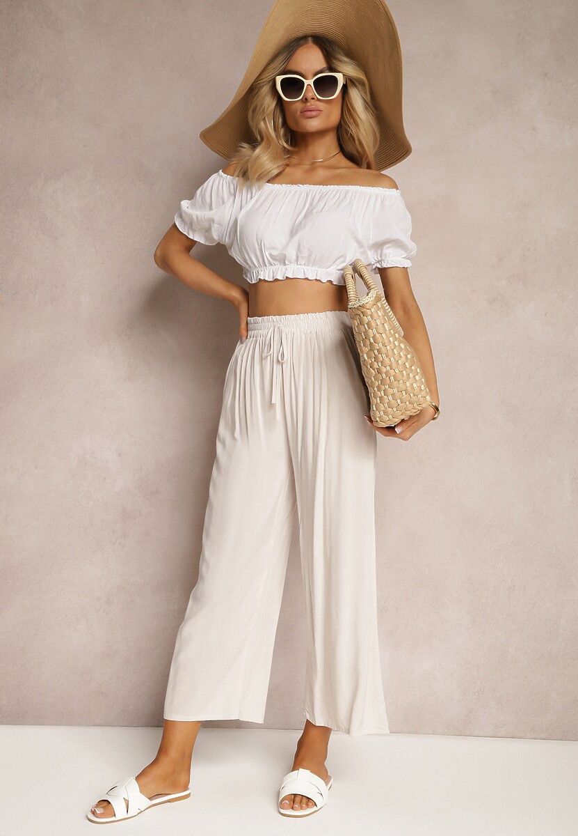 Jasnobeżowe Spodnie z Bawełny Typu Palazzo z Gumką w Talii Fieana