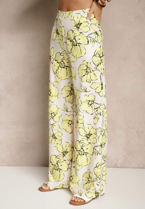 Żółty Komplet w Kwiaty Koszula z Krótkim Rękawem i Szerokie Spodnie Revanae