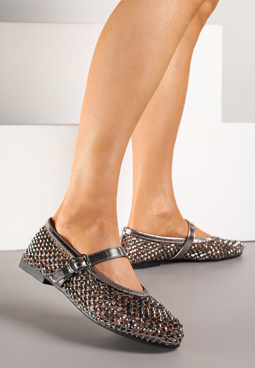 Srebrne Siateczkowe Balerinki z Paskiem z Błyszczącymi Cyrkoniami Lisabia