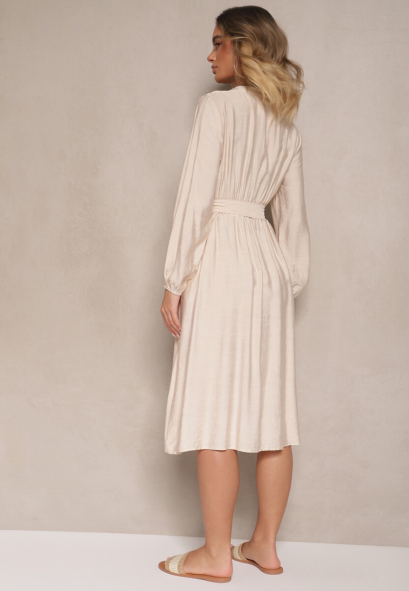 Beżowa Rozkloszowana Sukienka z Wiskozą Zdobiona Haftem i Wiązanym Paskiem Elvania