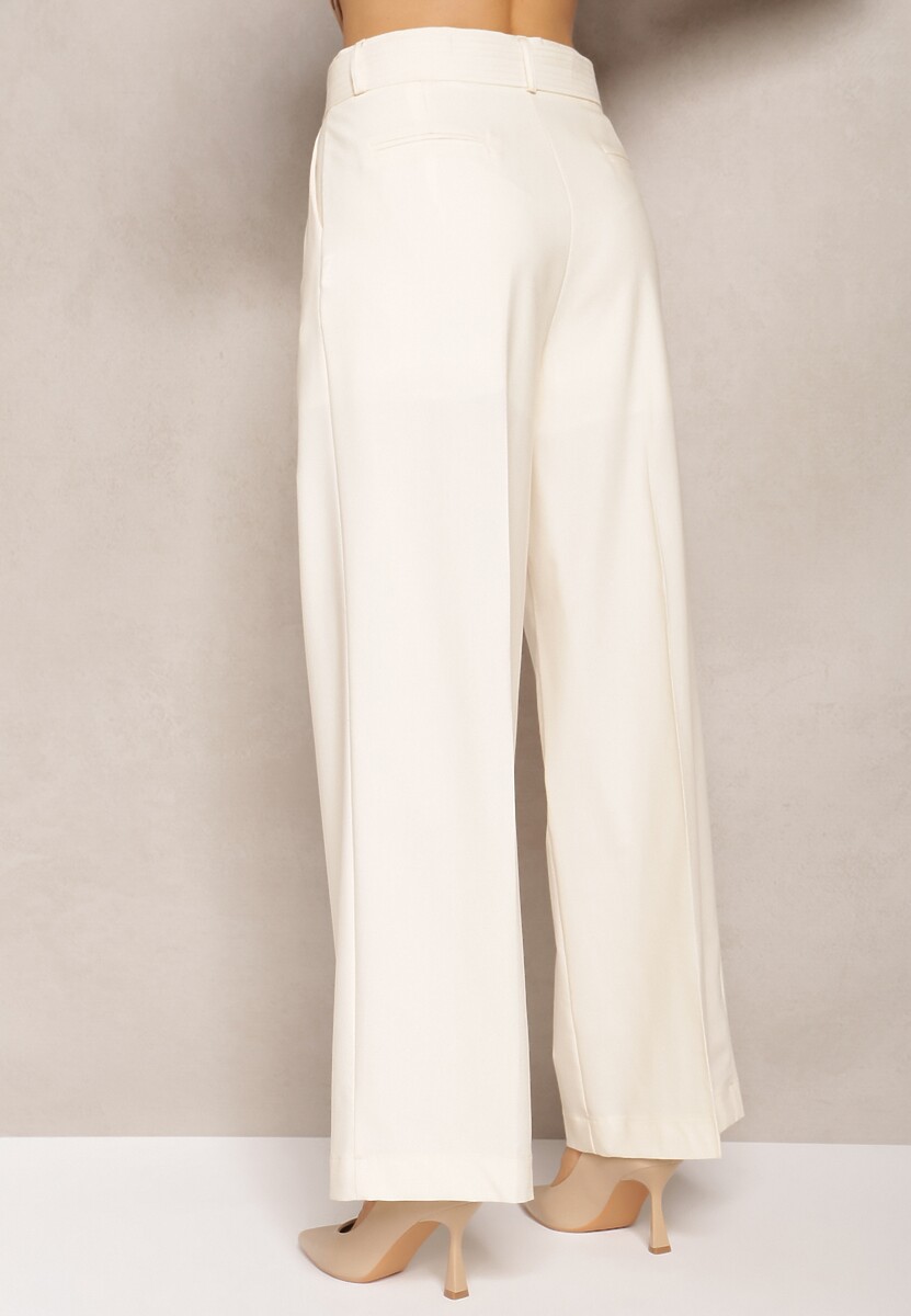 Jasnobeżowe Spodnie Szerokie High Waist Zapinane na Klamrę z Materiałowym Paskiem Etela