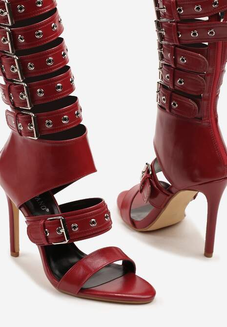 Czerwone Sandały Botki na Obcasie Zdobione Paskami ze Sprzączkami Idamirea