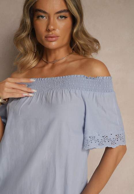 Jasnoniebieska Sukienka o Kroju Hiszpanki z Bawełny z Ażurowymi Zdobieniami Filviana