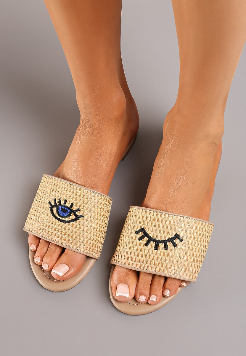 Ciemnobeżowe Klapki Ozdobione Haftem w Kształcie Oczu i Plecionką Naruka