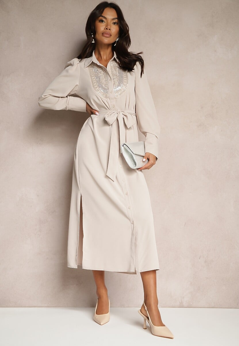Beżowa Koszulowa Sukienka Ozdobiona Koralikami Cekinami i Paskiem Tidanis
