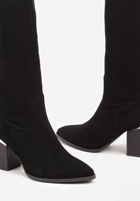 Czarne Kozaki Vices na Słupku Ozdobione Metaliczną Wstawką Moriane