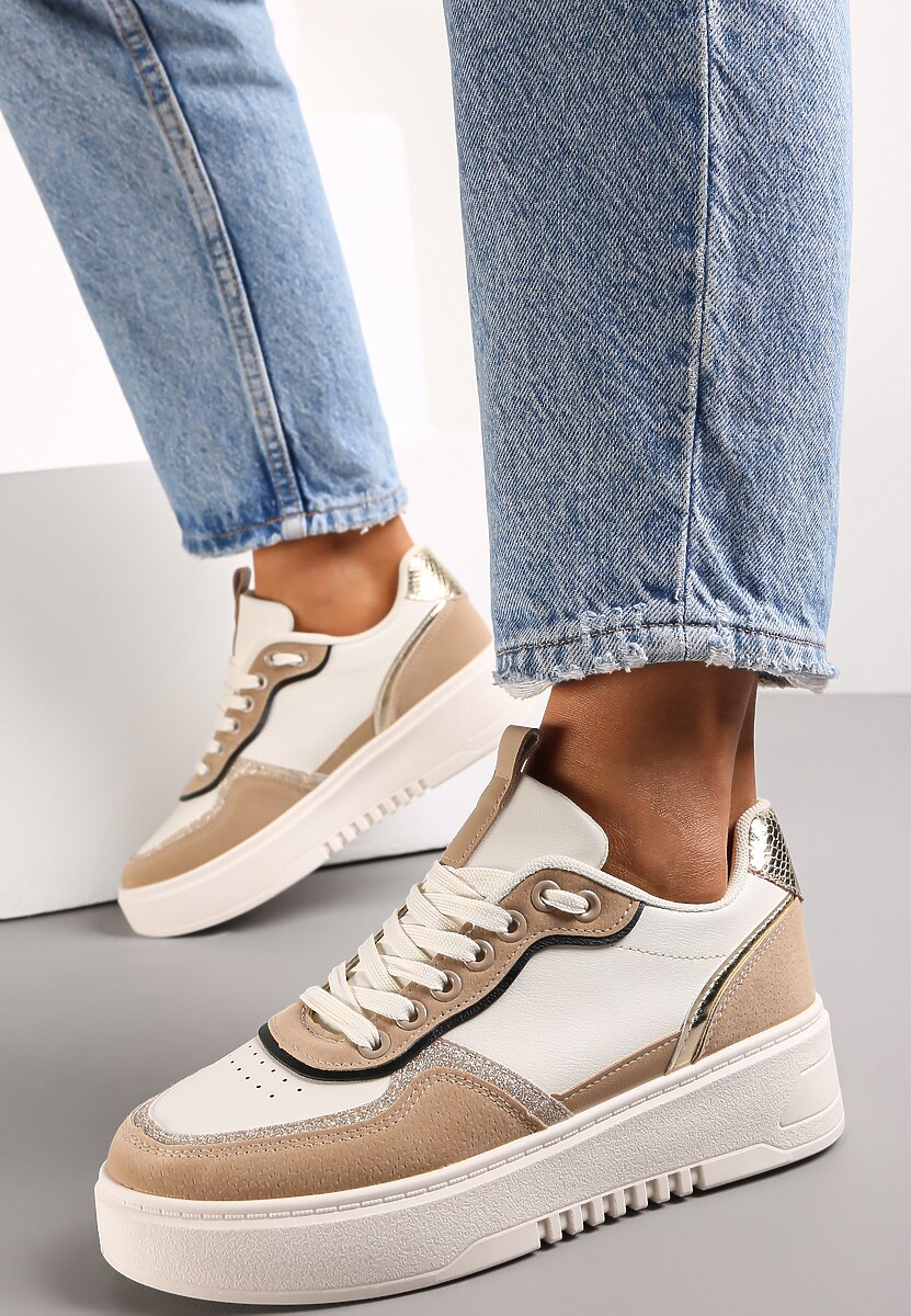 Ciemnobeżowe Sneakersy z Brokatowymi Wstawkami Nickole