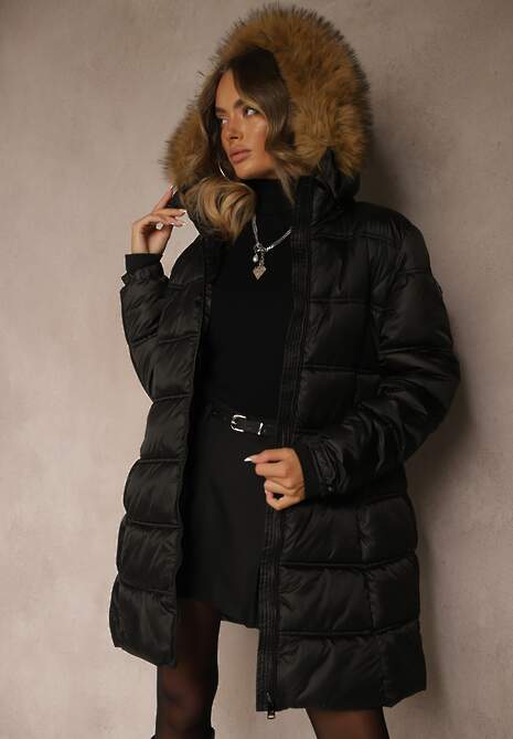 Czarna Pikowana Kurtka o Długim Fasonie z Odpinanym Kapturem z Futerkiem  Fenalda