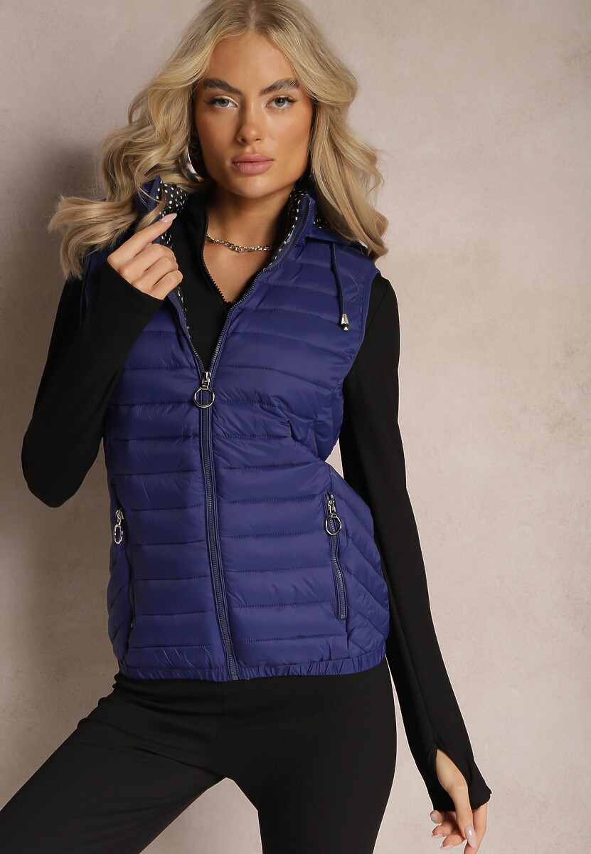 Granatowa Kamizelka Pikowana z Kapturem Cicco