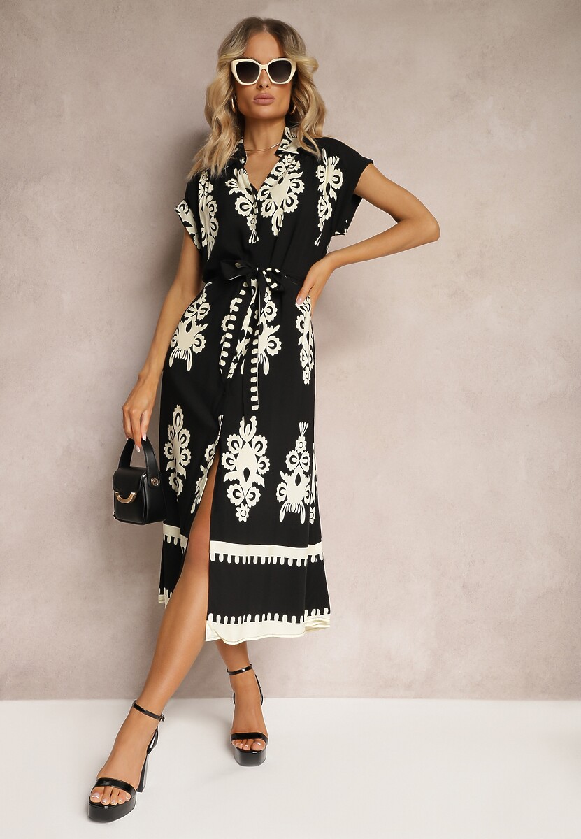 Czarno-Beżowa Boho Sukienka w Rozkloszowanym Stylu z Materiałowym Paskiem i Guzikami Jori