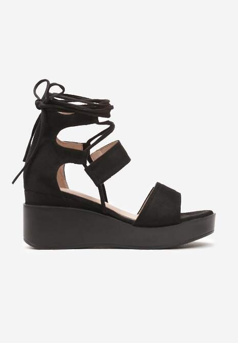 Czarne Sandały Wiązane Wokół Kostki na Koturnie z Platformą Righta