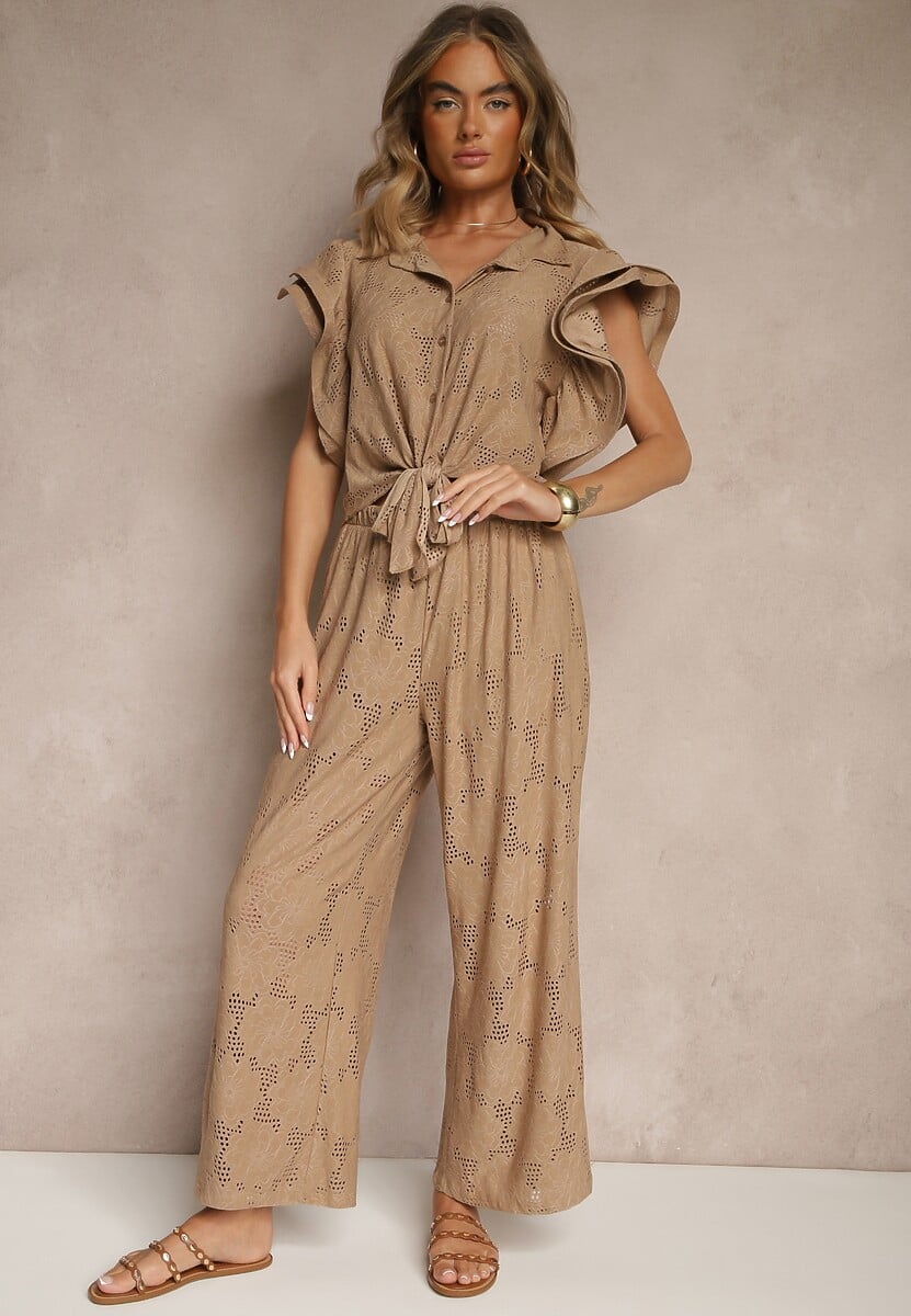 Brązowy Komplet Ażurowy Bluzka o Koszulowym Kroju i Spodnie z Szeroką Nogawką Linaniria