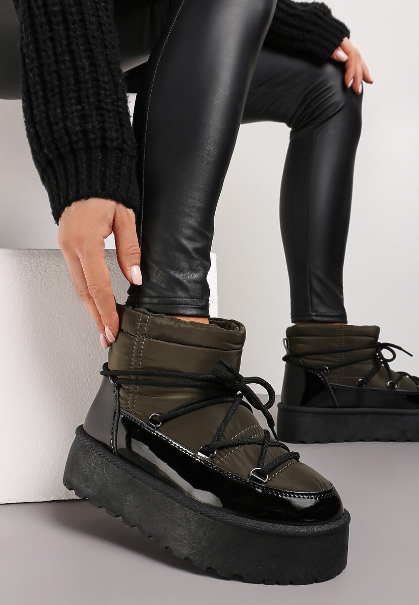 Czarno-Zielone Śniegowce na Platformie z Ozdobnym Wiązaniem Maidares