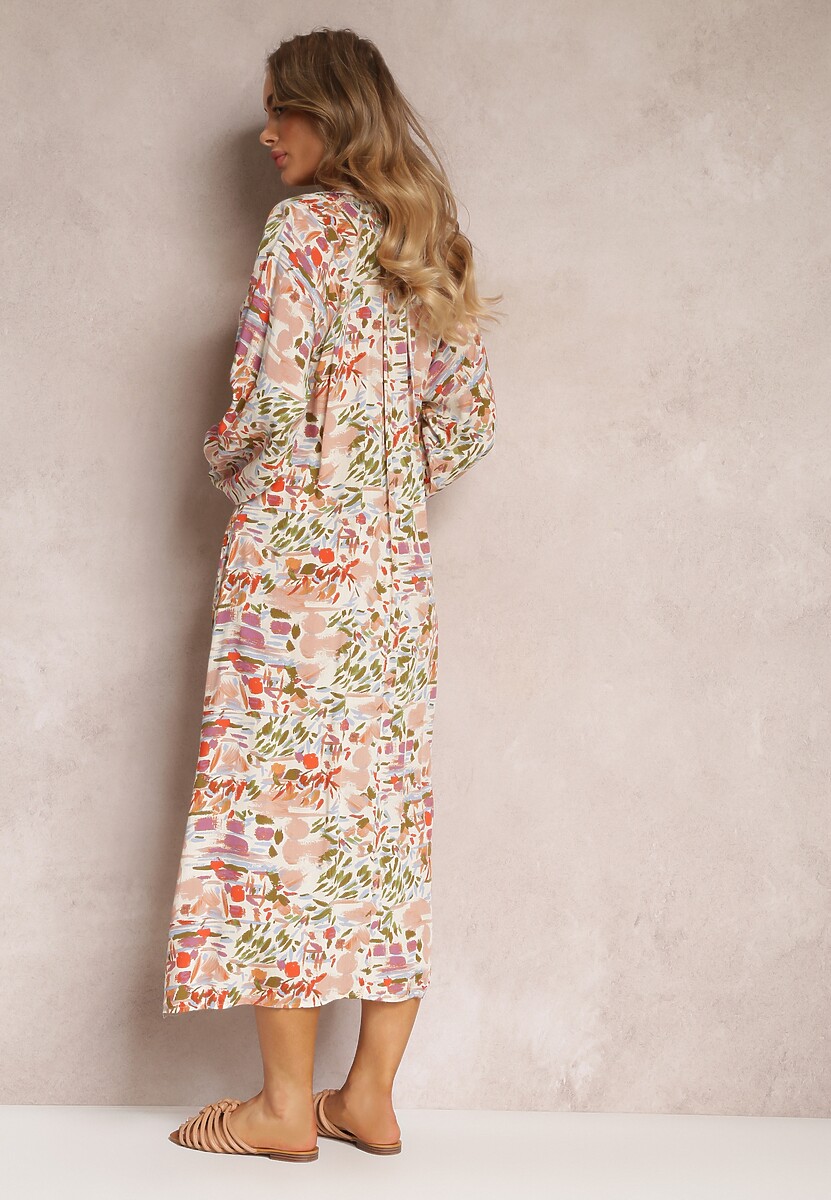 Różowo-Zielona Rozkloszowana Sukienka w Abstrakcyjny Wzór i Górą Zapinaną na Guziki Skylare