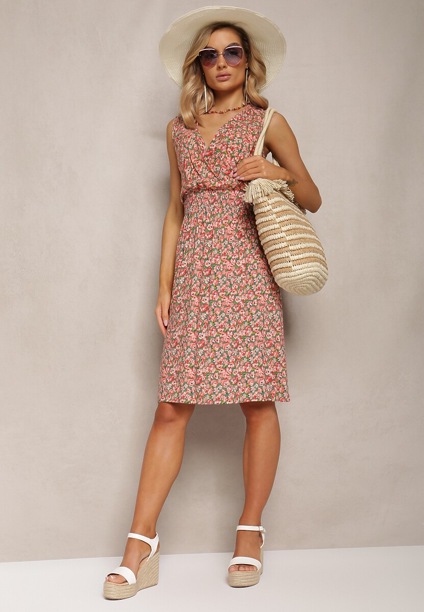 Zielono-Różowa Rozkloszowana Sukienka w Kwiaty z Kopertową Górą i Gumką w Talii Ricada