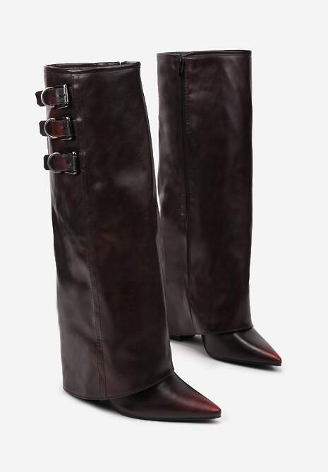 Bordowe Kozaki na Słupku z Wywiniętą Cholewką Klamrami i Paskami Renniel