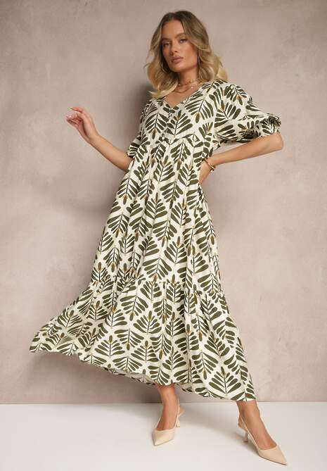 Zielona Sukienka z Wiskozą o Rozkloszowanym Kroju w Roślinny Wzór Heledis