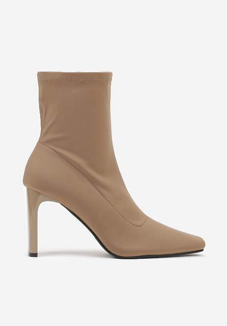 Ciemnobeżowe Elastyczne Botki na Słupkowym Obcasie ze Szpiczastym Noskiem Atise