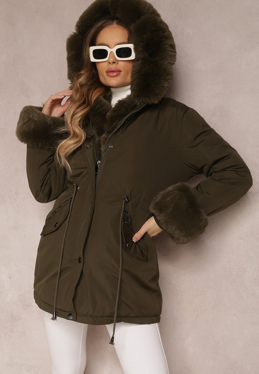 Ciemnozielona Kurtka Parka z Futerkiem i Szerokim Kapturem Florion