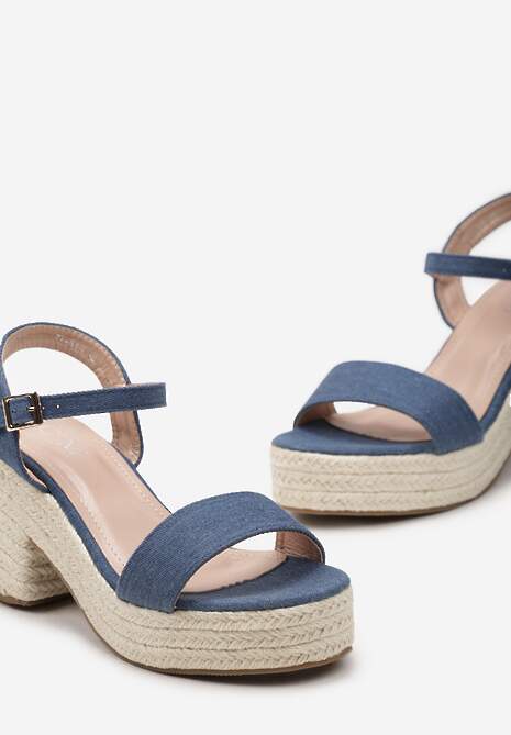 Niebieskie Sandały na Słupku i Platformie z Plecionką z Juty Sigarata