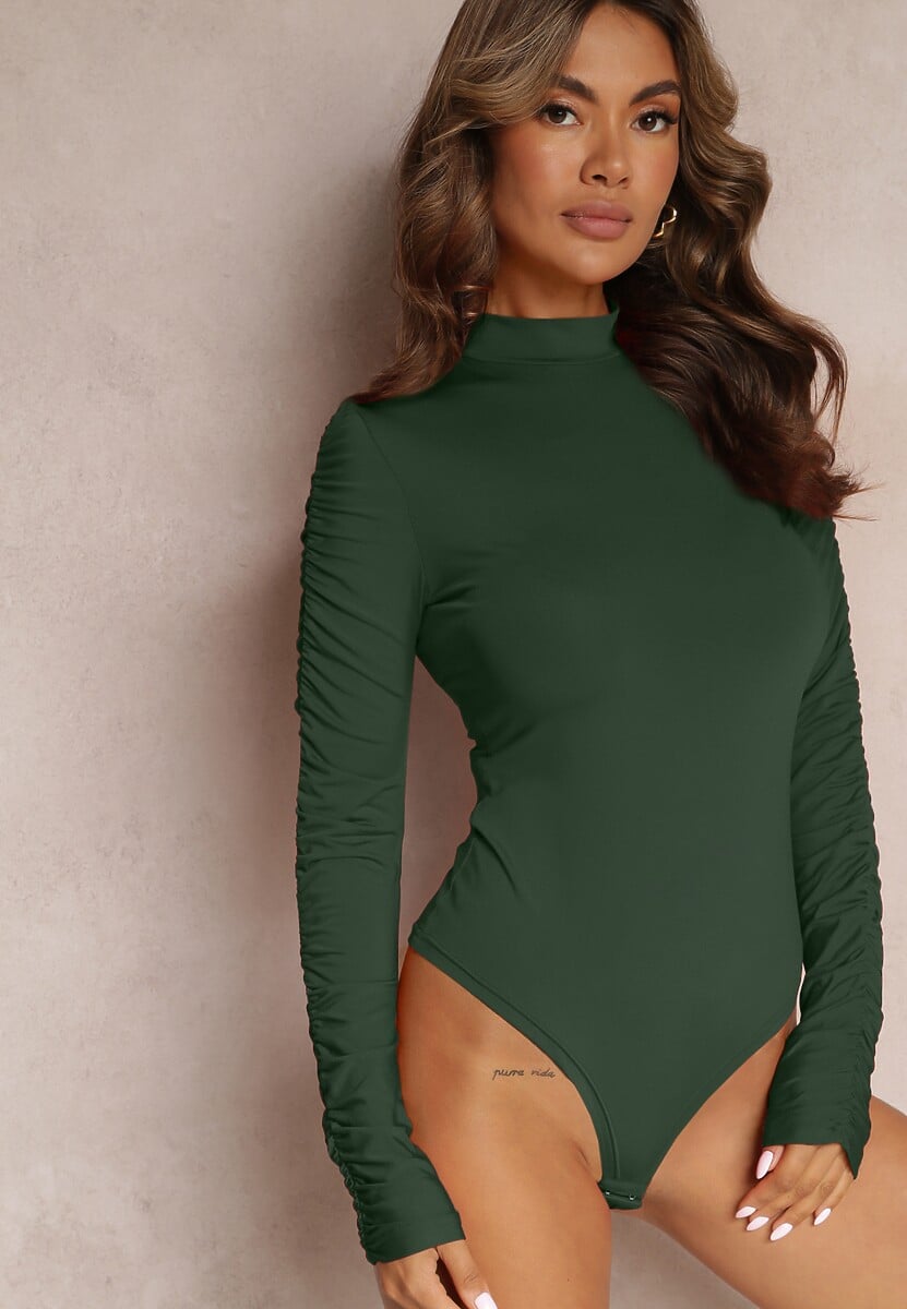 Zielone Body z Długimi Marszczonymi Rękawami Pinna