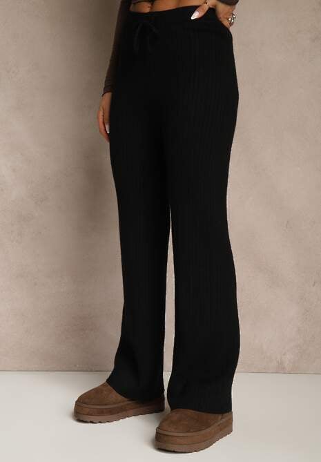Czarne Szerokie Spodnie z Wełną High Waist z Prążkowanego Materiału Reinna