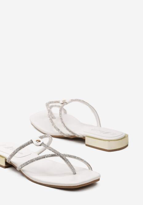 Białe Japonki na Płaskiej Podeszwie z Cyrkoniami Kalana