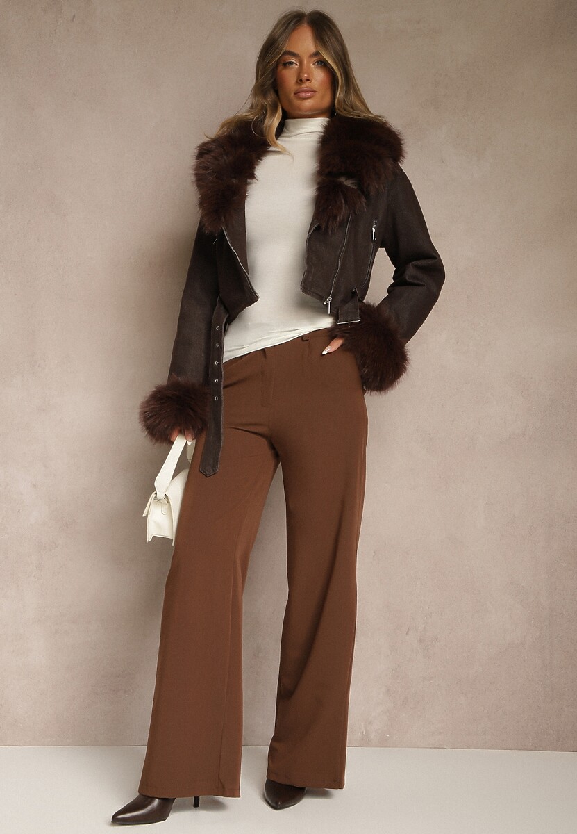 Brązowe Szerokie Spodnie High Waist z Gumką w Pasie Eternel