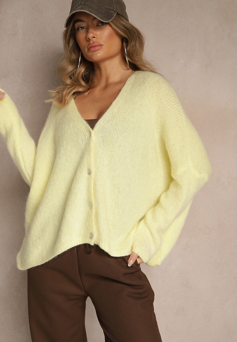 Żółty Kardigan z Wełną i Moherem o Klasycznym Kroju z Dekoltem w Serek Avelmio