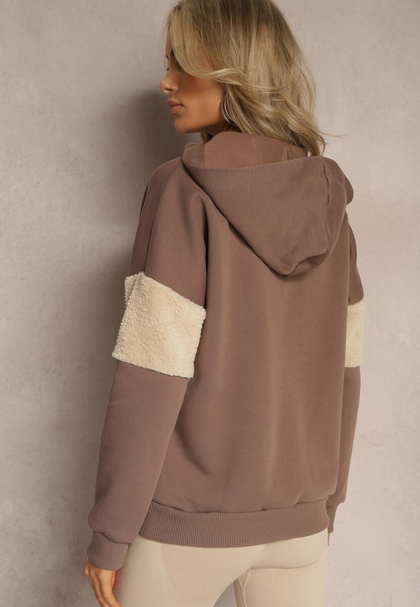 Brązowa Bawełniana Bluza z Kapturem ze Ściągaczami i Polarem Eurynia