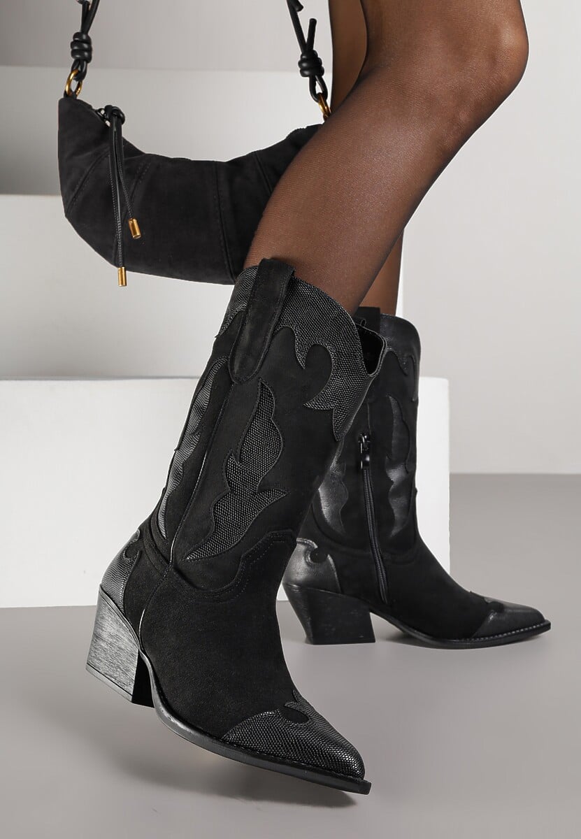 Brązowe Kozaki Kowbojki na Stożku z Tłoczoną Cholewką Avrenne