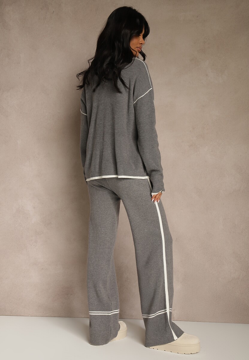 Szary Komplet Dzianinowy Sweter i Spodnie o Szerokim Kroju Ozdobione Lamówką Wedara