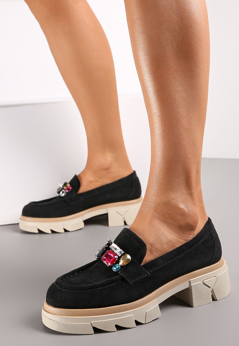 Czarne Mokasyny z Kryształami i Wkładką ze Skóry Naturalnej Zaidy