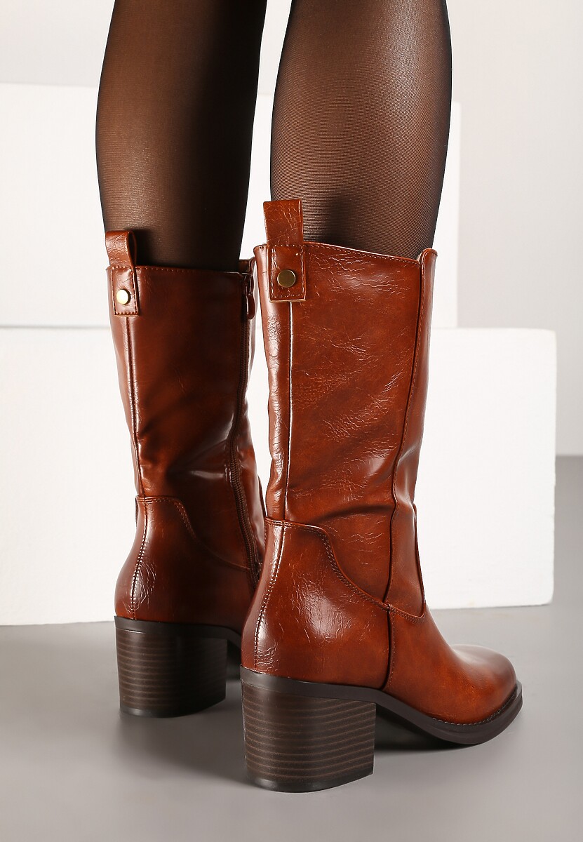 Brązowe Casualowe Botki Sztyblety na Słupku Teralita