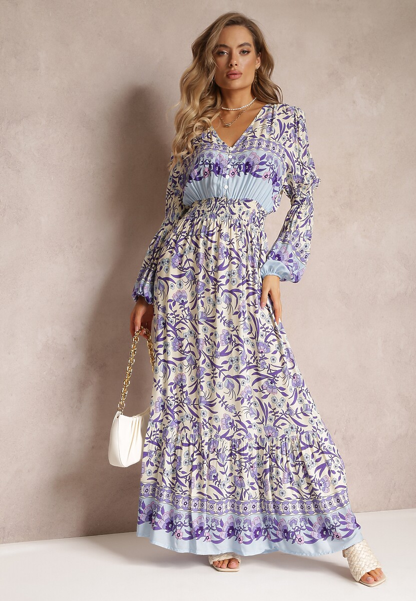 Beżowo-Niebieska Sukienka Maxi w Kwiaty z Wiskozy Vellu